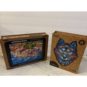 Unidragon Wooden Jigsaw Puzzles: Italian Riviera + Majestic Wolf, Christmas Gift